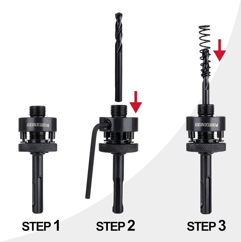GEINXURN SDS-Plus Hole Saw Mandrel, Include 2Pcs Hole Saw Arbors with 3Pcs 1/4 Inch HSS(M2) Central Drill/2PCS Hex wrench/2Pcs Spring - Image 5